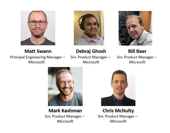 Left to right, top to bottom: Matt Swann – principal engineering manager (Microsoft) [guest], Debraj Ghosh – senior product manager (Security/Microsoft) [guest], Bill Baer– senior product manager (SharePoint/Microsoft) [guest], Mark Kashman – senior product manager (SharePoint/Microsoft) [co-host] and Chris McNulty – senior product manager (SharePoint/Microsoft) [co-host].