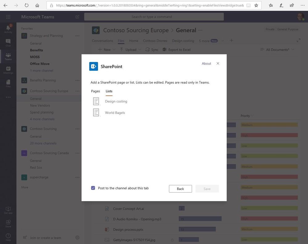 Add SharePoint pages and lists as tabs in Microsoft Teams.