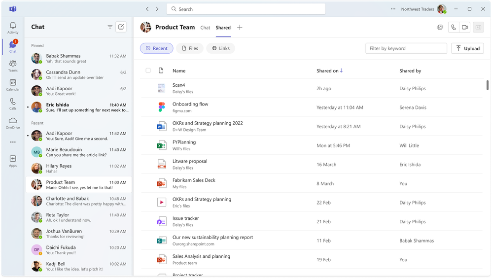 The shared tab in chat, including Recent, Files and Links filters in Microsoft Teams