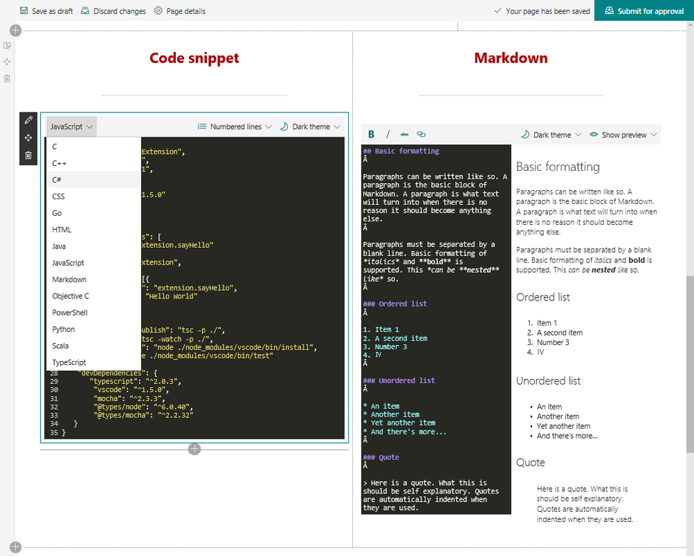 It's easy to add code and Markdown as you intended in edit mode (as shown above in the Code snippet and Markdown web parts (left to right respectively), and then all renders beautifully as intended when you publish the SharePoint page.
