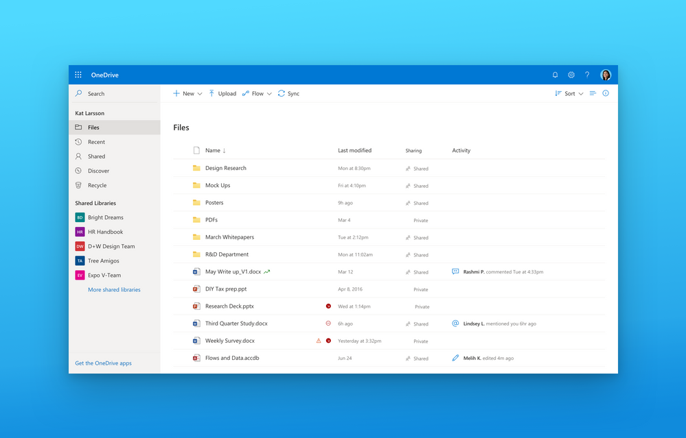 We’ve aligned on a new Fluent design across the Office apps including a coherent product header and navigation, simplified font styles, warmer color palette, thoughtful elevation system, golden folders and more.