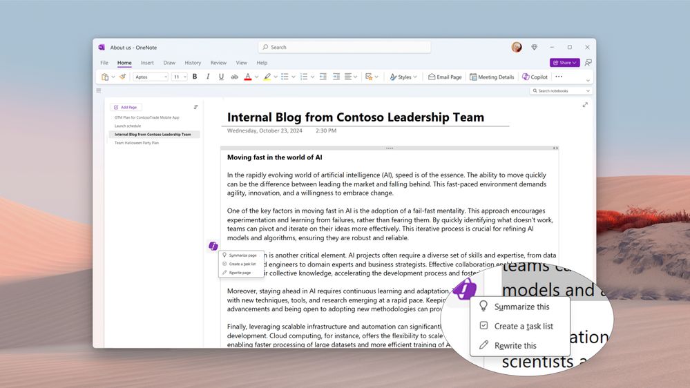 Boost your productivity by accessing quick actions on the canvas with Copilot in OneNote on Windows