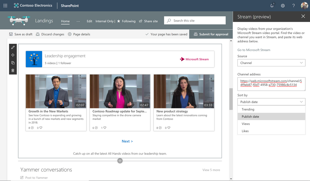 You can choose the sorting order of a Microsoft Stream channel when you add it to a SharePoint page in Office 365.