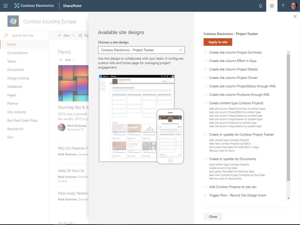 The new site designs edit pane allows you to see what site designs are applied, and can be applied, to your site.