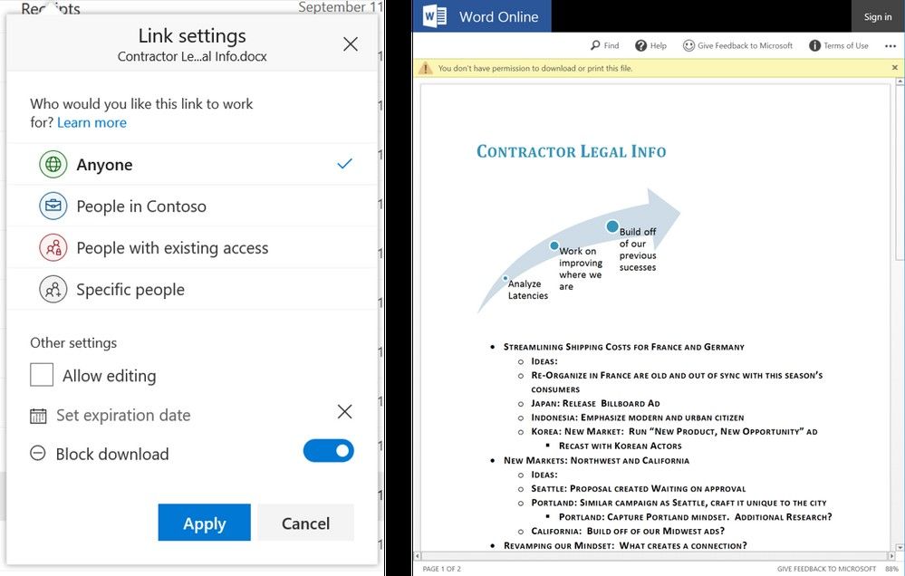 Create sharing links in OneDrive and SharePoint in Office 365 that enabling viewing of content, but block the ability for users to download.