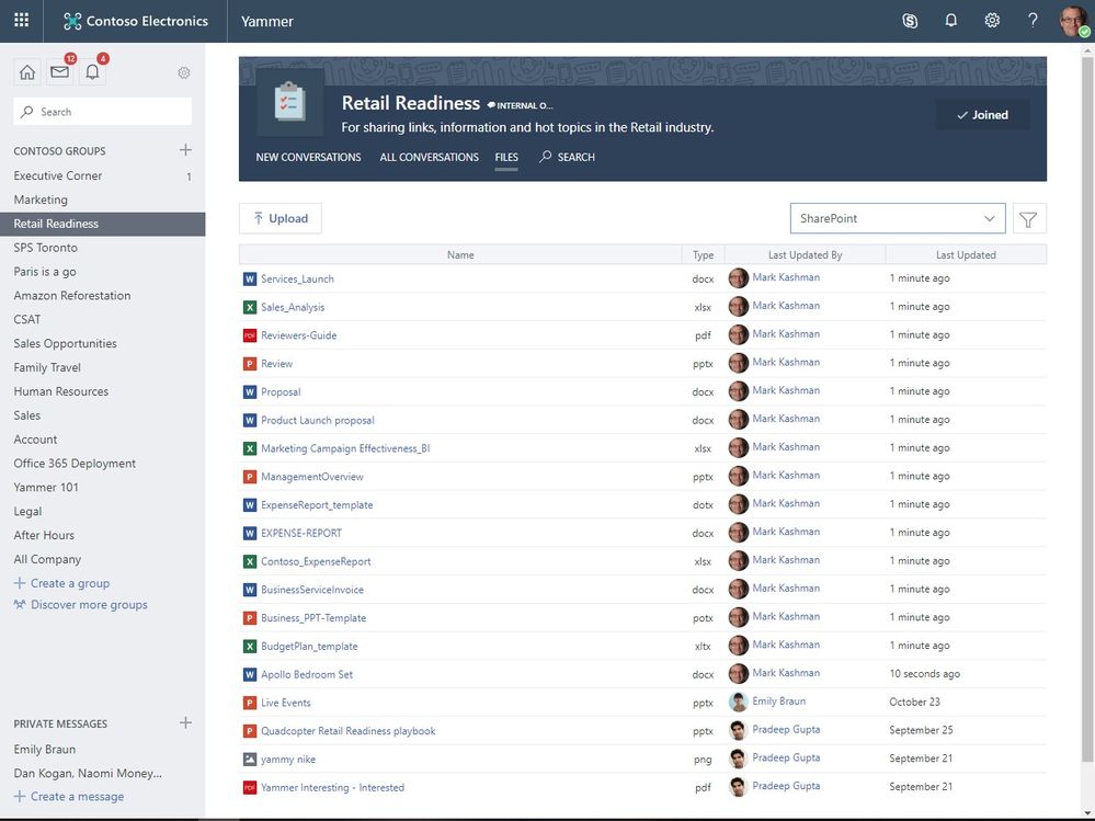 Files uploaded to Yammer groups and conversations will be stored in the connected SharePoint document libraries.