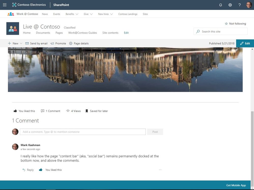 The content bar that show a SharePoint page or news article likes, views, comments and Save for later, will now always appear at the bottom above comments.