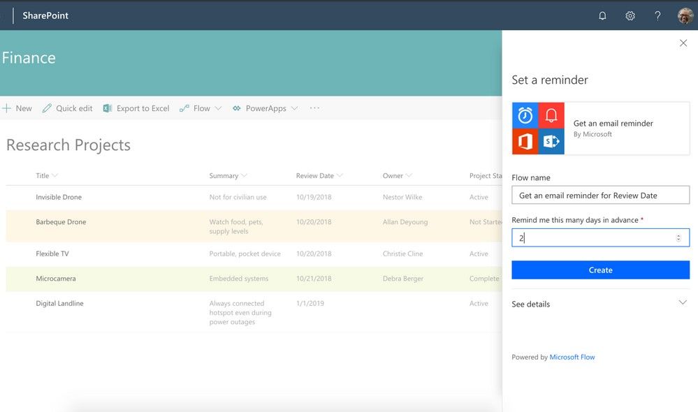 Create a reminder using Microsoft Flow on SharePoint lists and libraries.