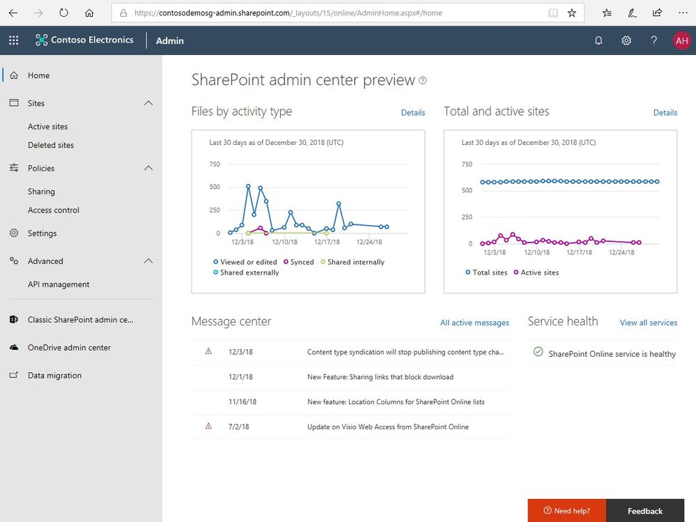 The main new Home screen for the SharePoint admin center in Office 365 - showing new activity graphs, message center posts and service health information.