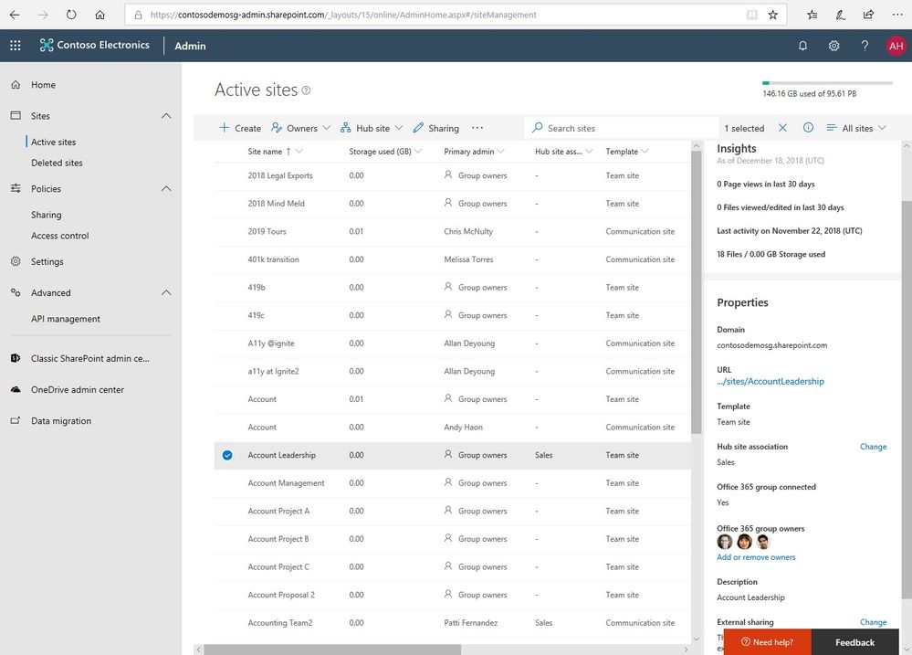 The updated Active Sites page in the SharePoint admin center in Office 365 gives you access to view and manage all site types, including group-connected team sites, communication sites, hub sites and more.