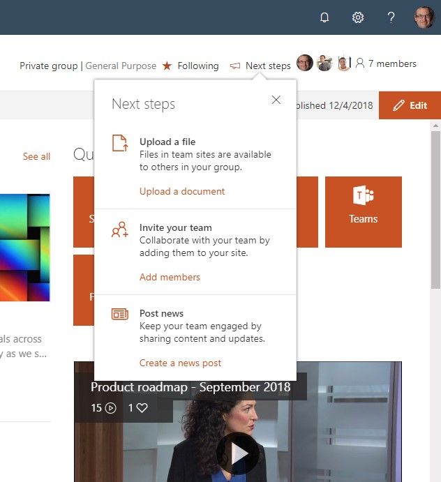 Get tips and tricks inline when you are working within SharePoint in Office 365 with Next steps at the top of the page.