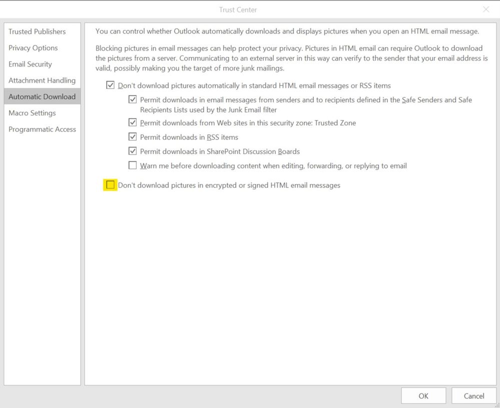 Trust Center Setting in MS Outlook