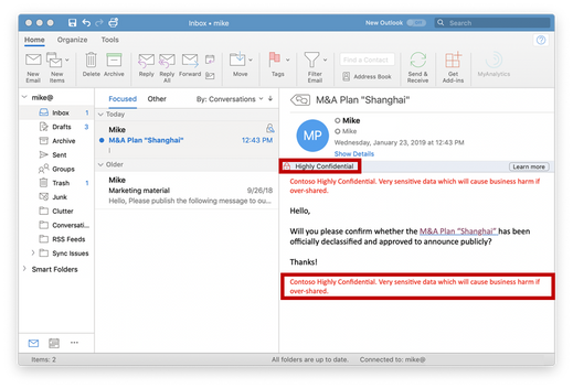 An email labeled “Highly Confidential” in Outlook for Mac get encrypted, and headers & footers are applied.