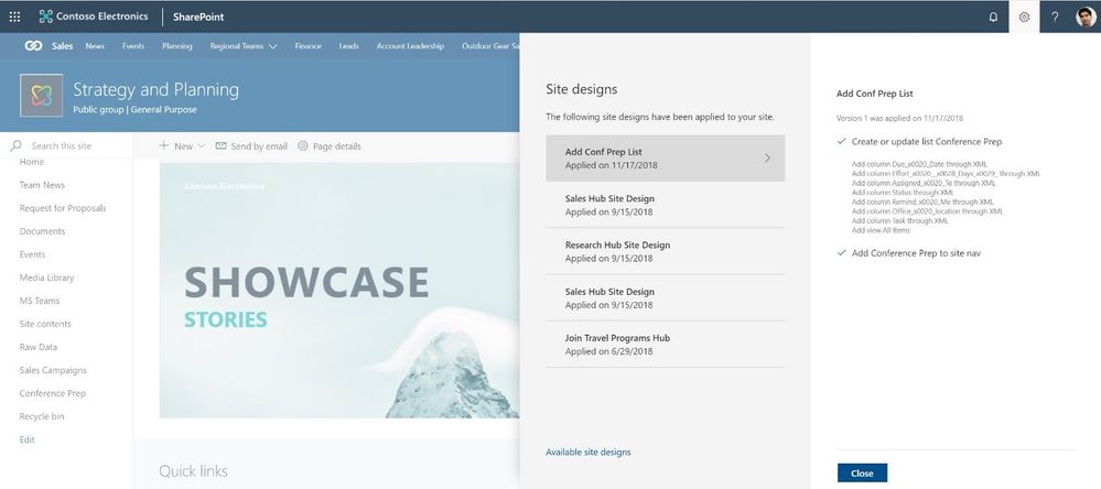 The Site designs site settings pane allows site owners to view any applied site designs and apply additional ones.