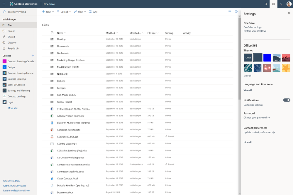 Company-branded suite header with settings pane