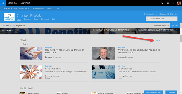 Navigating to SharePoint News in your site.