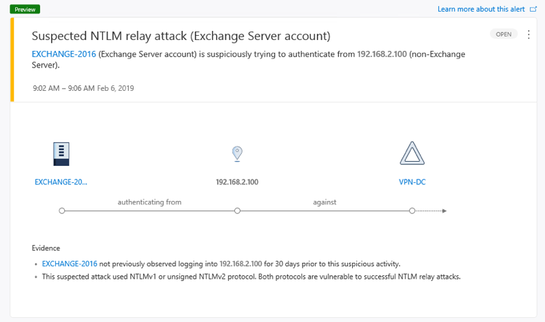 Figure 1 – Medium severity Azure ATP alert detecting suspicious use of NTLMv1 or unsigned NTLMv2 protocol