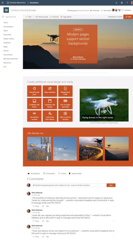 Modern SharePoint pages (and news) section backgrounds make it easier to see the distinct sections and adds visual variety throughout the page.