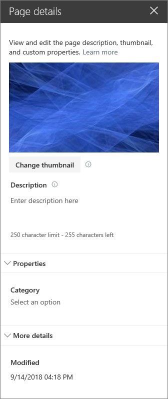 You can view and edit the properties of a SharePoint page in the Page details pane.