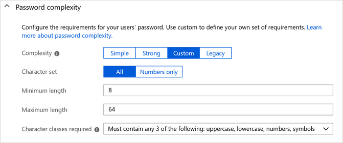 Custom password complexity settings.