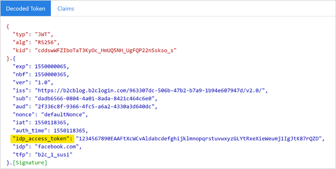 Identity provider access token in an Azure AD B2C token.