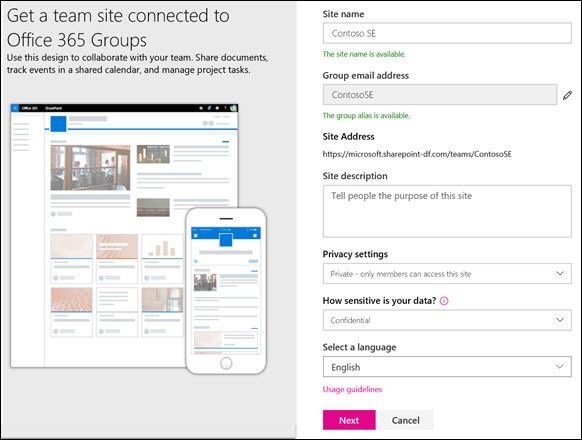 Create your team site in seconds, give it a name, establish the connected Office 365 group, site classification and preferred language.