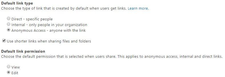 You can set the default type of link - and the permissions for that link - that shows when users select Get a link to share documents and folders.