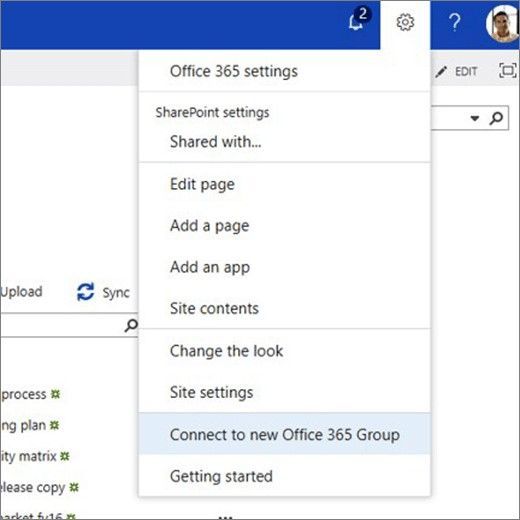 Select "Connect to new Office 365 Group” to connect an existing SharePoint team site to a new Office 365 Group.