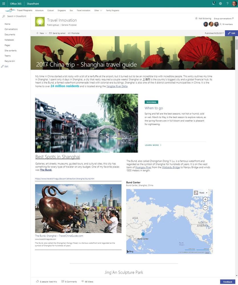 A content-rich SharePoint team news article publish into a group-connected team site that is associated to a hub site.