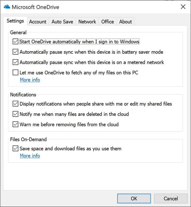 OneDrive desktop client settings