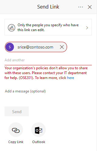 Example error message in the OneDrive sharing dialog