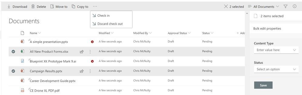 Bulk check-in / check-out within a SharePoint document library.