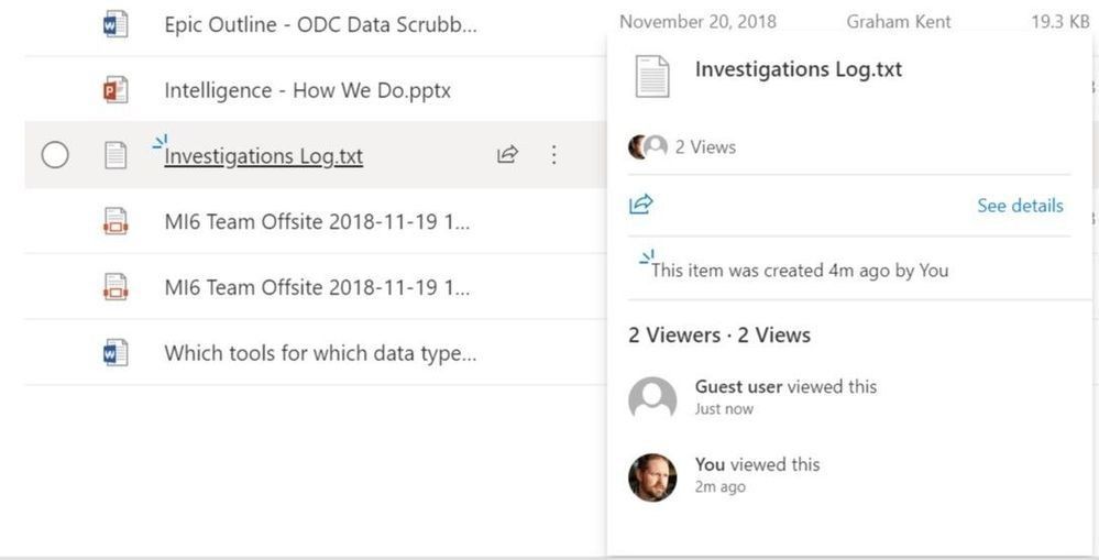Hover over a file name in a SharePoint document library or OneDrive folder to see more about the file: views, activities, and signals.