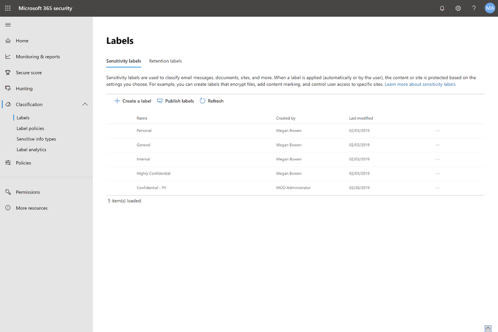 The new Microsoft 365 security center and compliance center (rolling out now) provides a centralized workspace to manage your Microsoft 365 security and compliance solutions, including management of your sensitivity labels and retention labels.