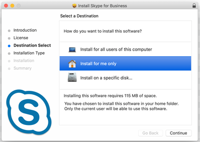 Destination Select page of Skype for Business installer