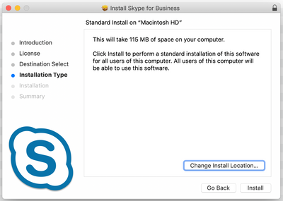 Installation Type page of Skype for Business installer