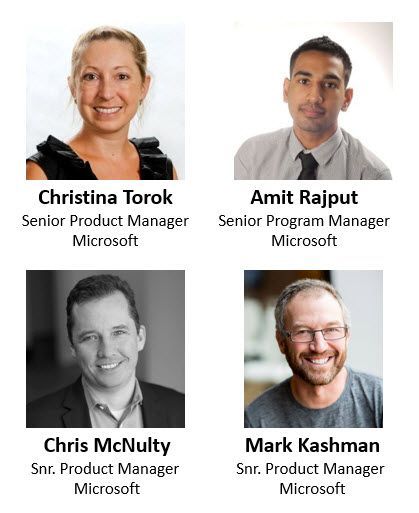 Left to right, top to bottom: Christina Torok – senior product manager (Stream/Microsoft) [guest], Amit Rajput – senior program manager (Live Events/Microsoft) [guest], Chris McNulty – senior product manager (SharePoint/Microsoft) [co-host] and Mark Kashman – senior product manager (SharePoint/Microsoft) [co-host].