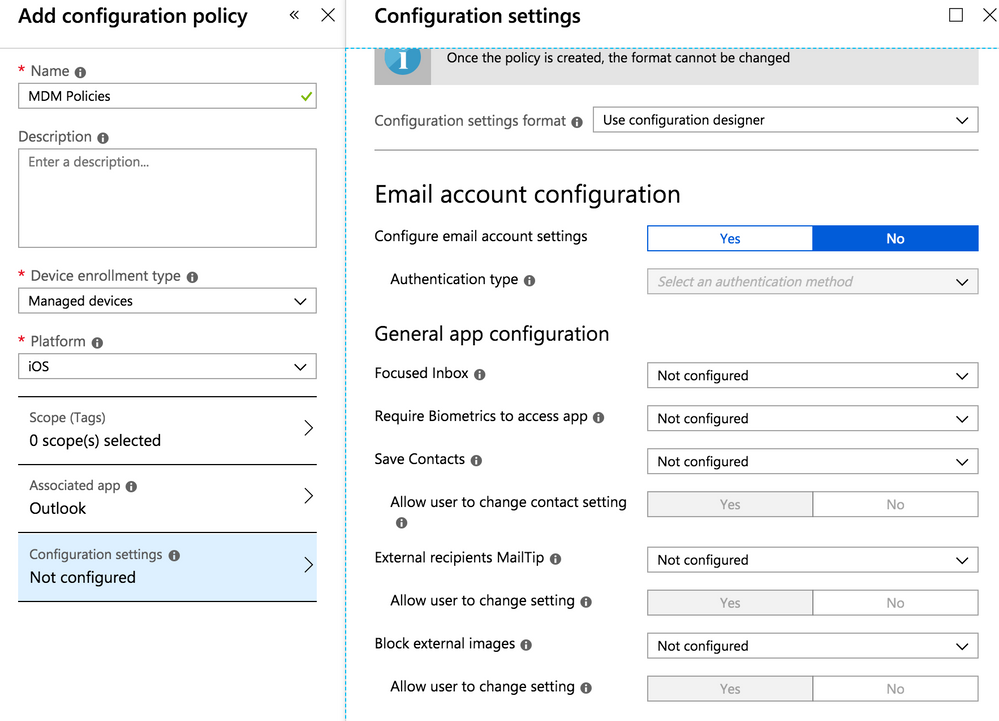 Microsoft Intune app configuration settings page for Outlook for iOS