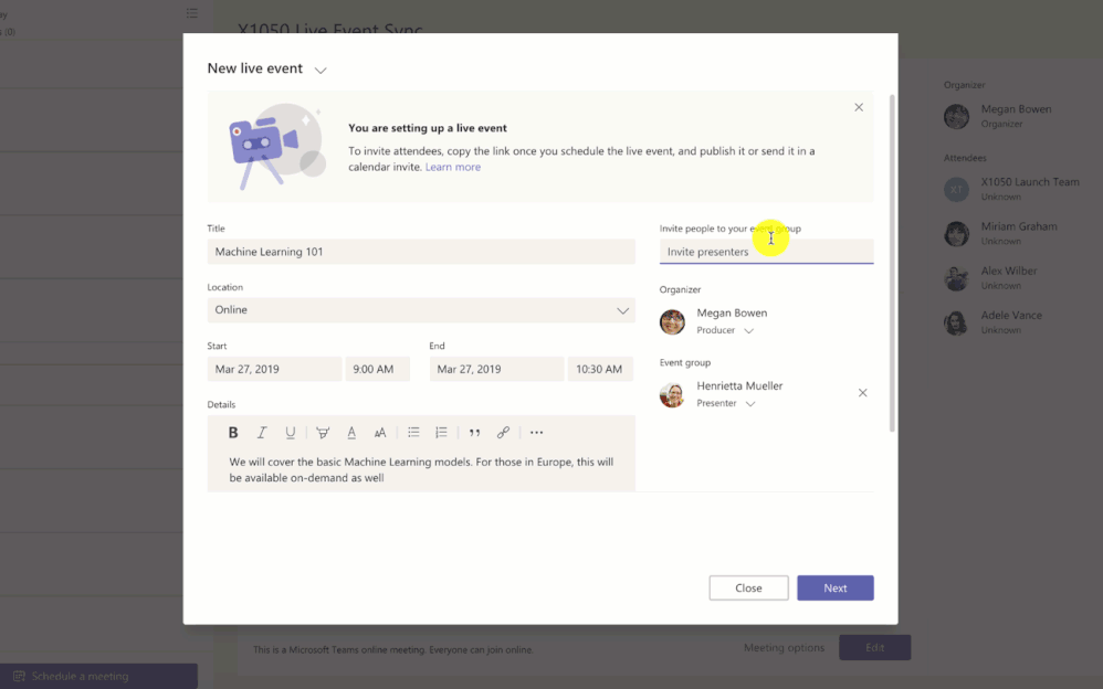 With simple scheduling and set-up experience, anyone can create a live event using Microsoft Teams