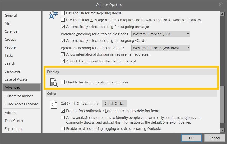 Advanced Outlook option to Disable hardware graphics acceleration