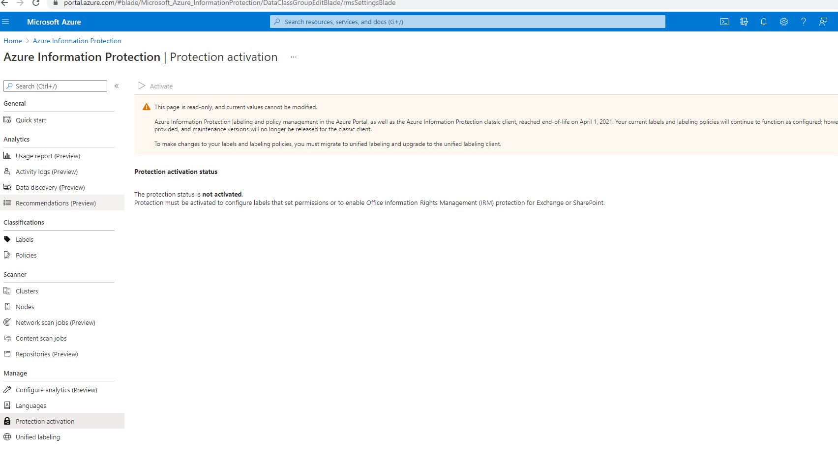 Activating the protection service from Azure Information Protection ...