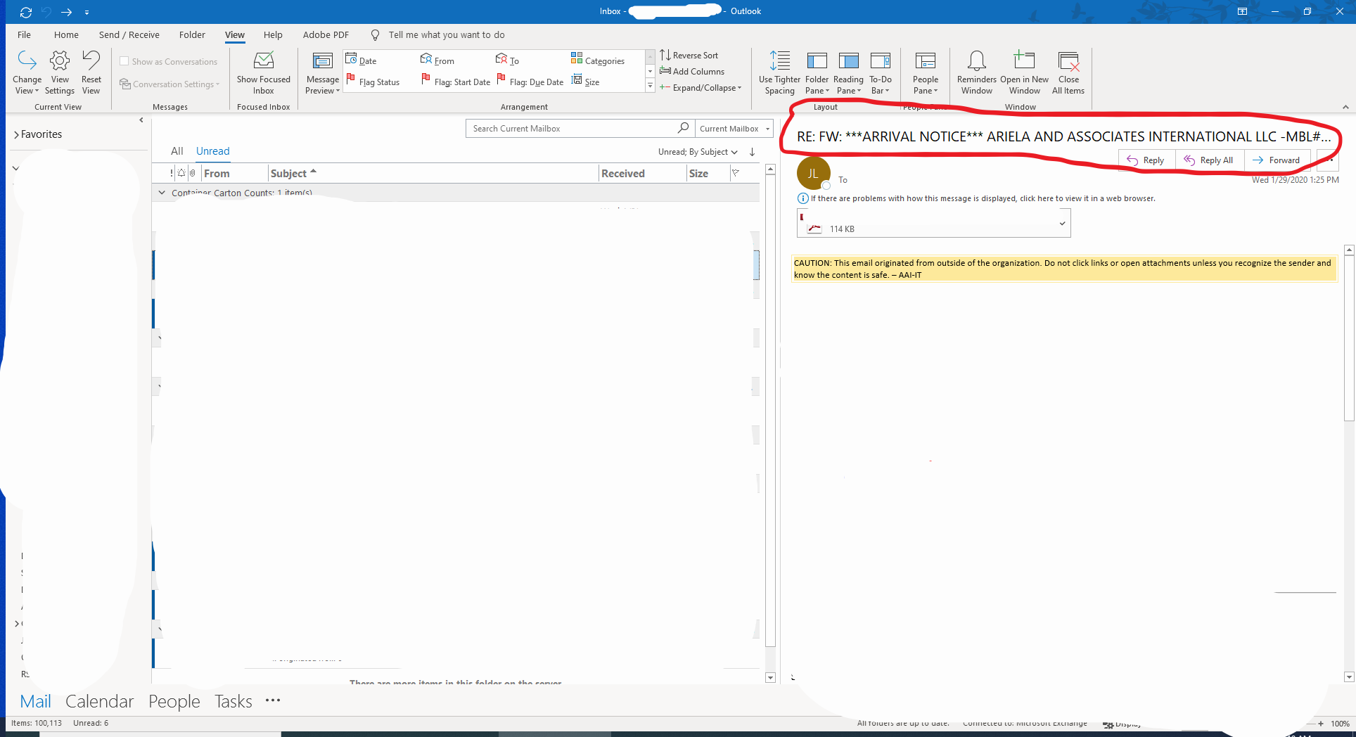 Subject lines in the reading pane.
