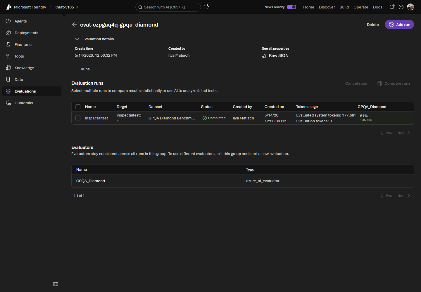 Figure 5: A completed evaluation group shows each run’s status, token usage, and benchmark score.