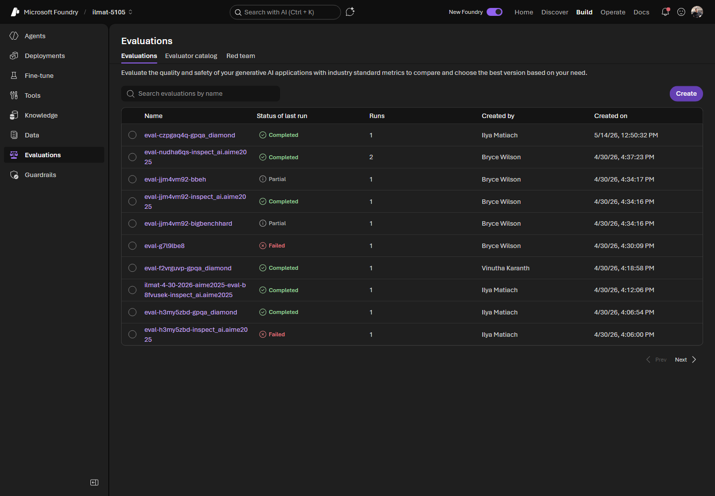 Figure 1: Benchmarks appear in the Microsoft Foundry Evaluations list alongside your evaluations.
