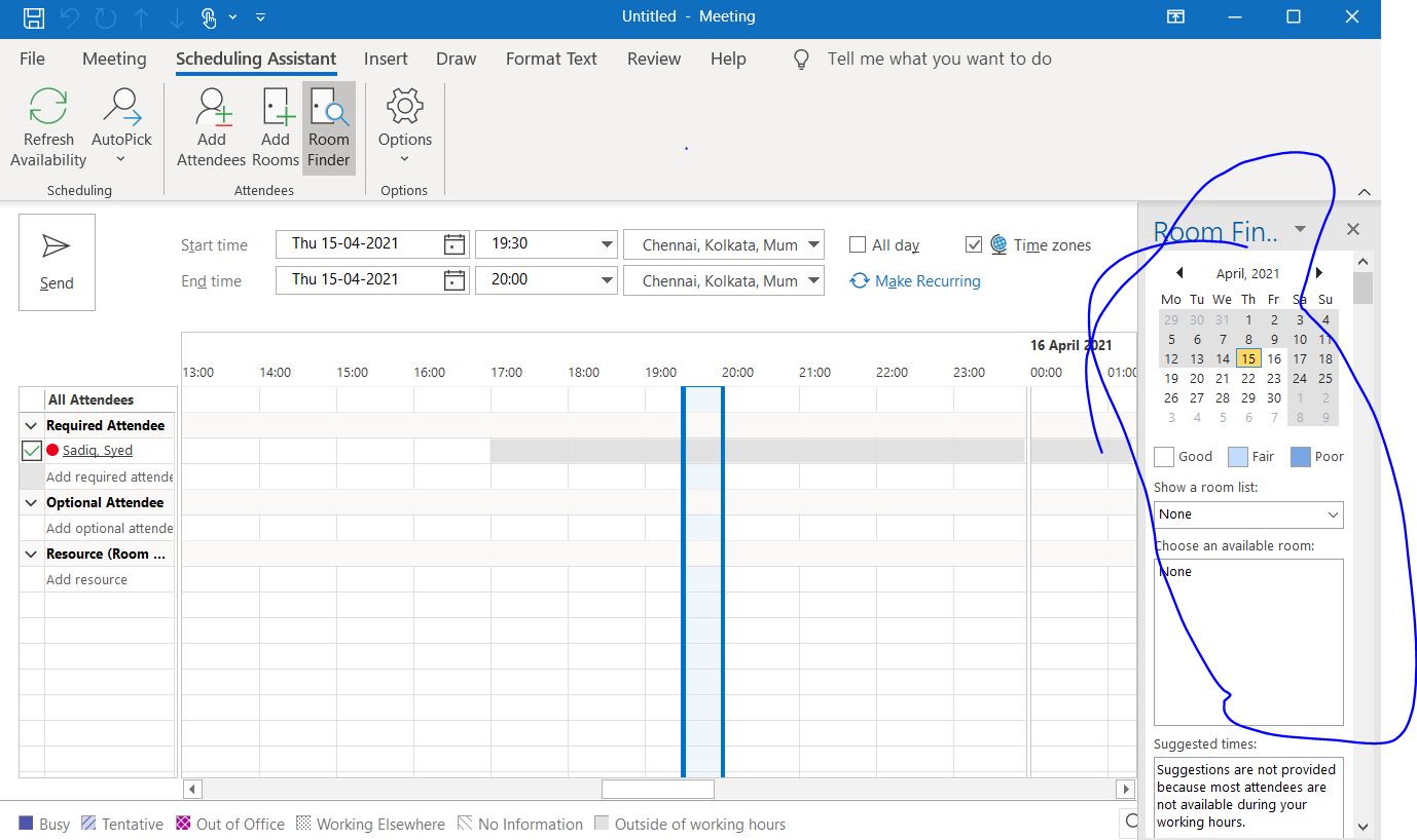 calender not shwing on the room finder when trying to schedule a
