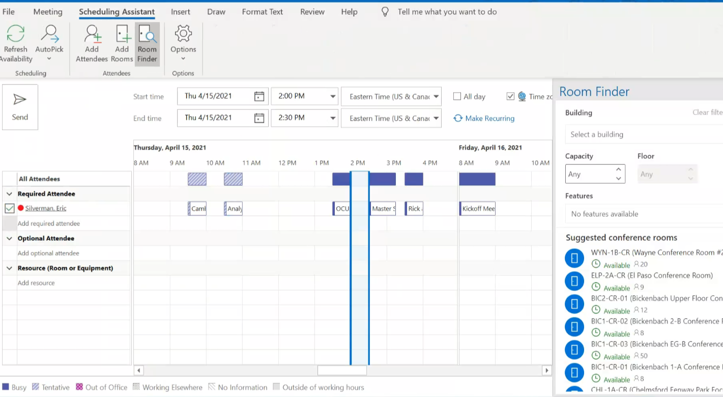 calender not shwing on the room finder when trying to schedule a