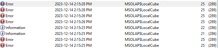 Error message when inserting or creating a Pivot table MSOLAP$LocalCube ...