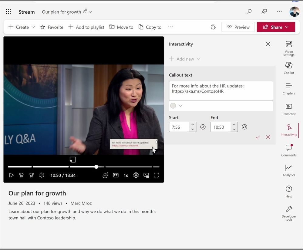Creating Callout text for a Stream video in Microsoft 365 – noting an in-point and an out-point for when the text/link appears over the video while playing.