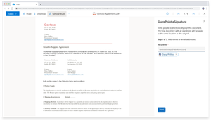 On the SharePoint eSignature panel, add up to 10 internal or external recipients you want to sign the document, and then select Next.