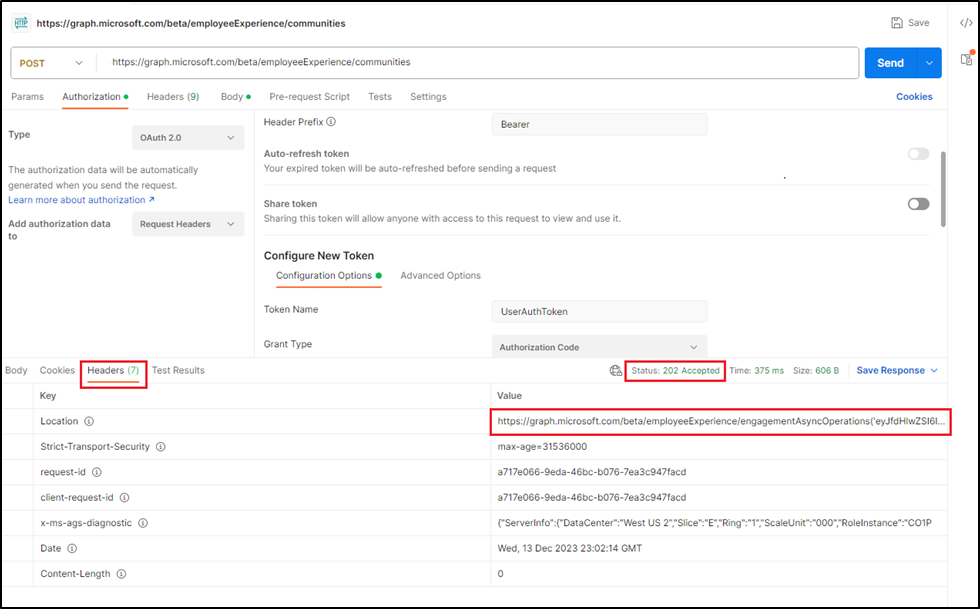 Sample screen when submitting the API request for Viva Engage community creation.